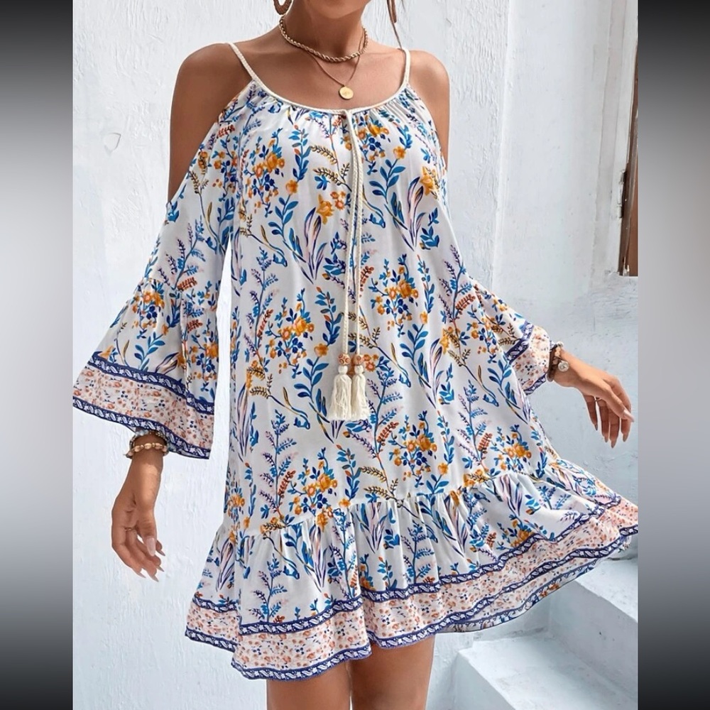Boho floral print tassel cold shoulder dress